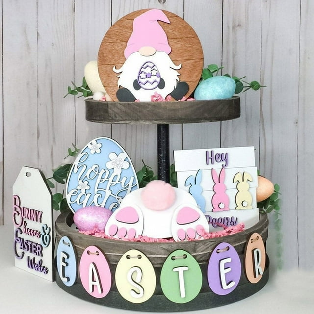Riforla Easter Tiered Tray Decor Happy Easter Tiered Tray Ornament Rustic Farmhouse Spring Decor Bunny Egg Easter Decor Spring Wooden Sign for Home Table Decor