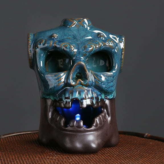Creative European Skull Backflow Incense Burner Ceramic LED Light Backflow Aromatherapy Furnace Holder for Living Room Teahouse Decoration