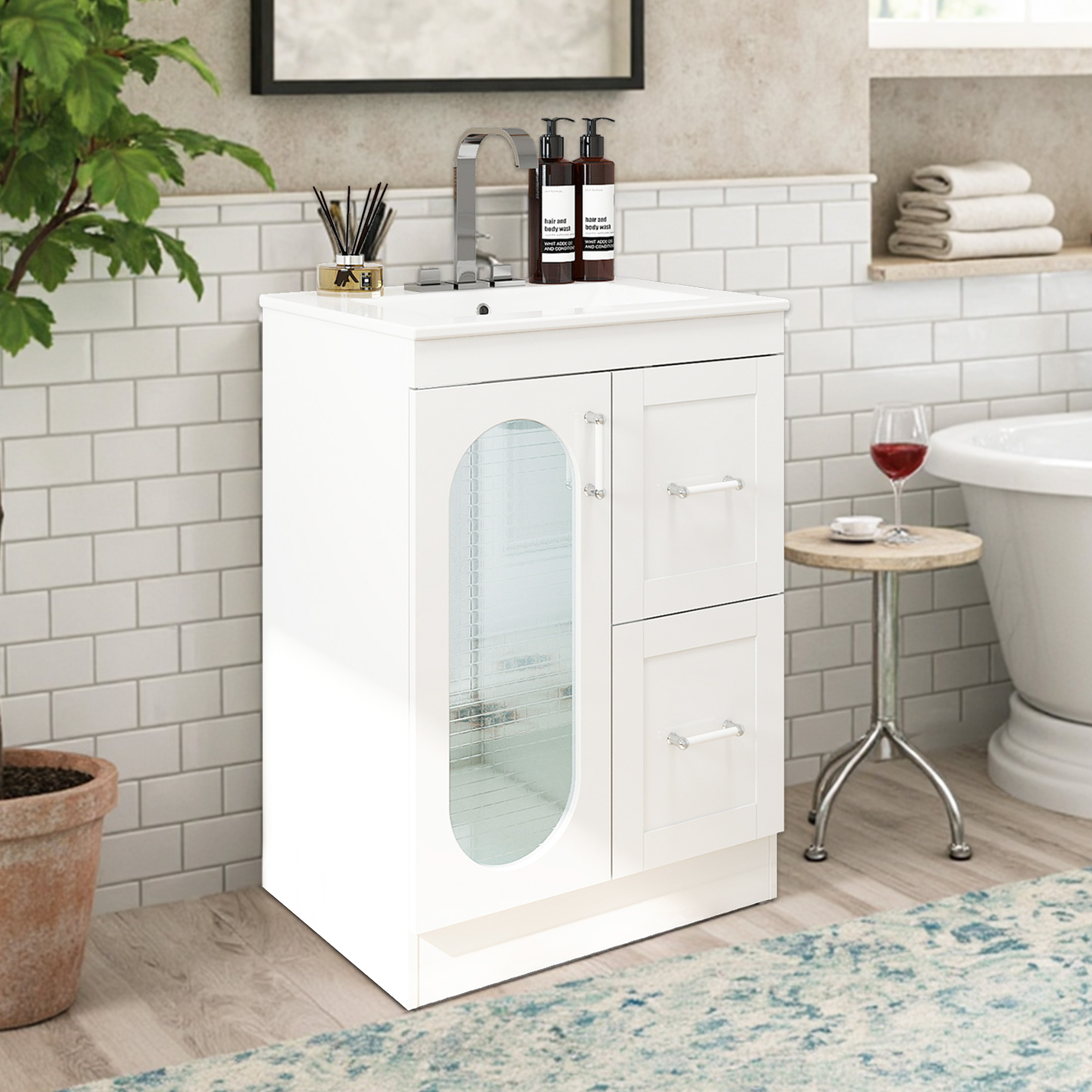 EDX 24-inch Bathroom Vanity Cabinet, Freestanding Modern Cabinet Vanity with Sink, 1 Soft-Closing Doors & 2 Drawers,White