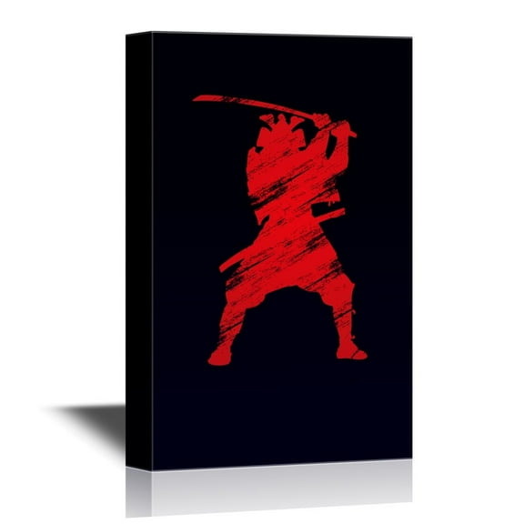 wall26 - Japanese Culture Canvas Wall Art - Red Japanese Ninja with a Sword on Black Background - Gallery Wrap Modern Home Art | Ready to Hang - 32x48 inches