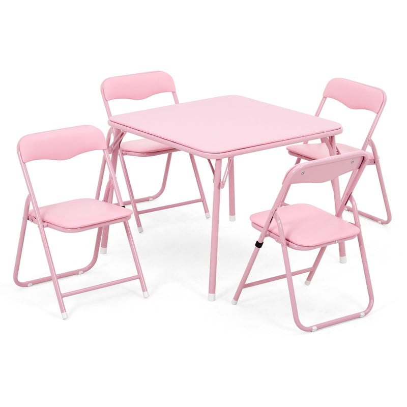 TROPOW Kids Folding Table and Chairs Set of 4, 5-Piece Children's Activity Table Set with Padded Vinyl Cushion, Toddler Table Set for Playroom, Nursery, Bedroom