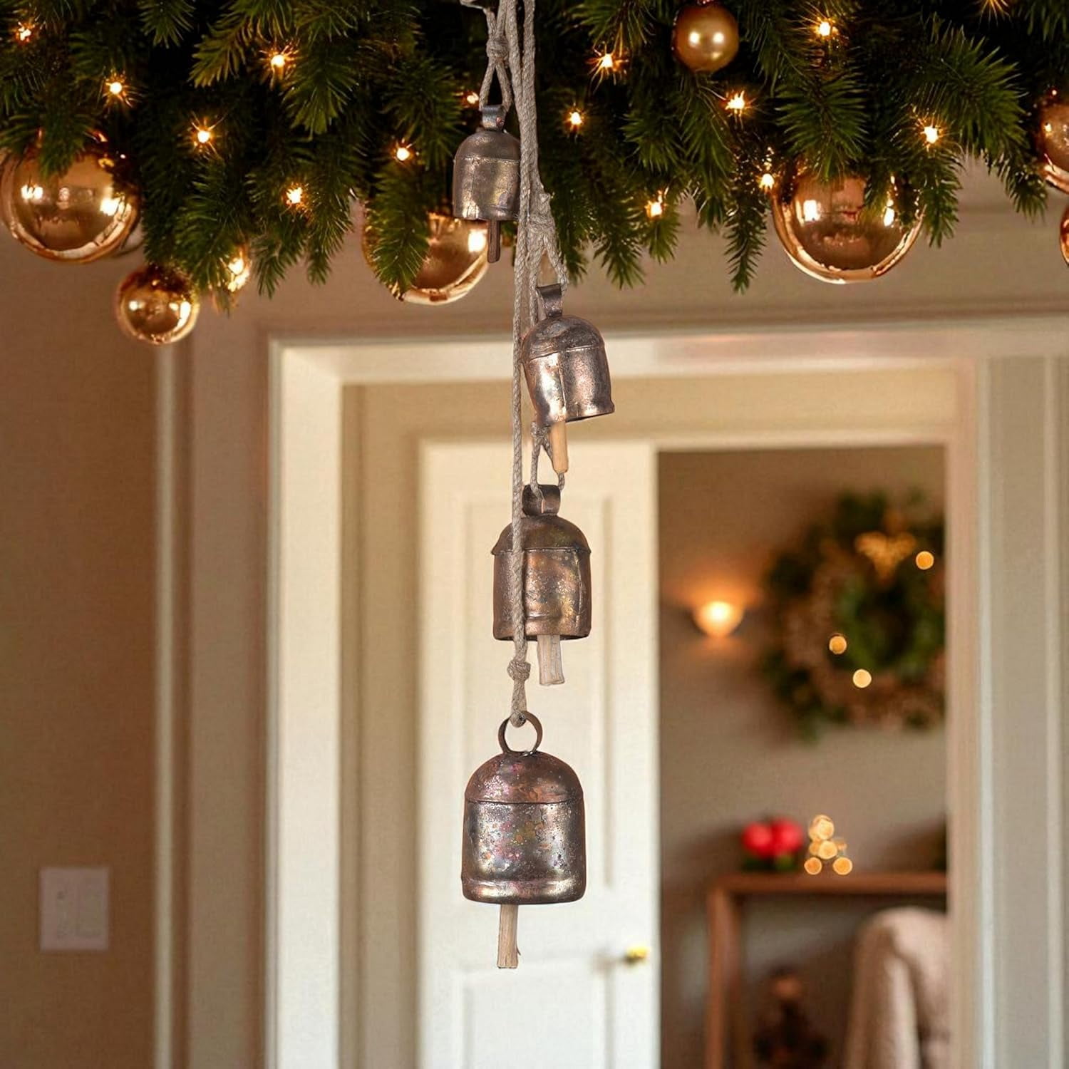 Vivanta Metal Hanging Wind Chimes & Decorative Bells for Outside – Rustic Gold Finish Tibetan Bells & Jingle Bells for Door Knob, Hanging Bells for Door | Yard Outdoor & Christmas Bells 25 inch