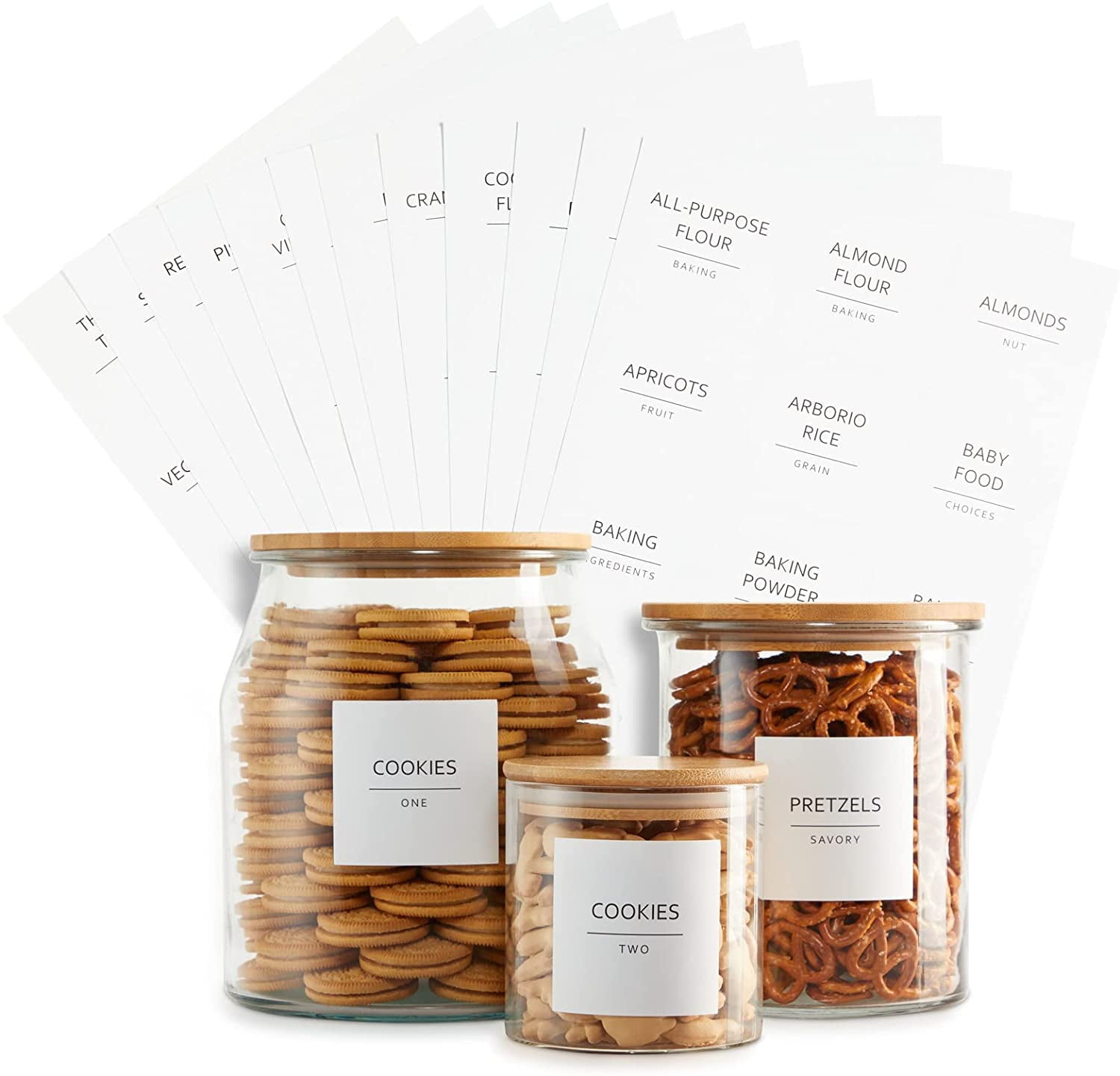 144 Fine Line Pantry Labels for Containers, Preprinted Black All Caps on White Matte Vinyl Food Name Stickers + Numbers