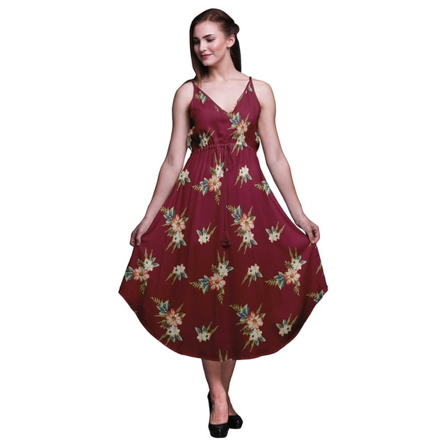 Bimba Robe Midi à Cordon Imprimée Florale pour Femmes, Bretelles Spaghetti, Tenue de Plage - Petite