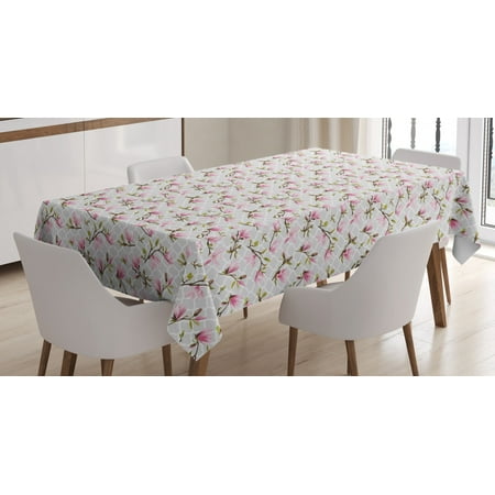 Dining Room Table Clothes Vintage Tablecloth, Magnolia Leaves with Greyscale Quatrefoil Pattern Background, Rectangular Table Cover for Dining Room Kitchen, 60 X 90 Inches, Pale Grey Pale Pink Fern Green, by Ambesonne ()