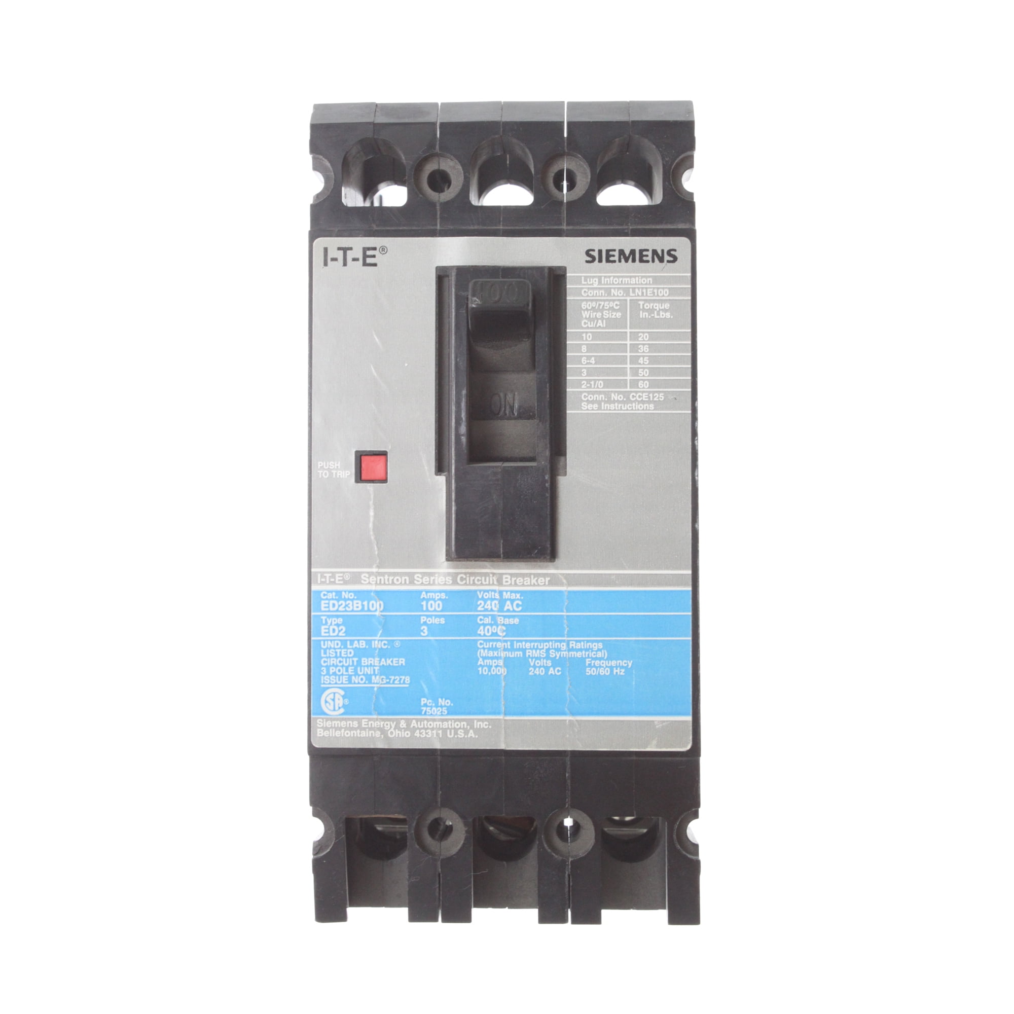 Siemens ED23B100 Circuit Breaker, ED, 3-Pole, 100-Amp, 240-Volt
