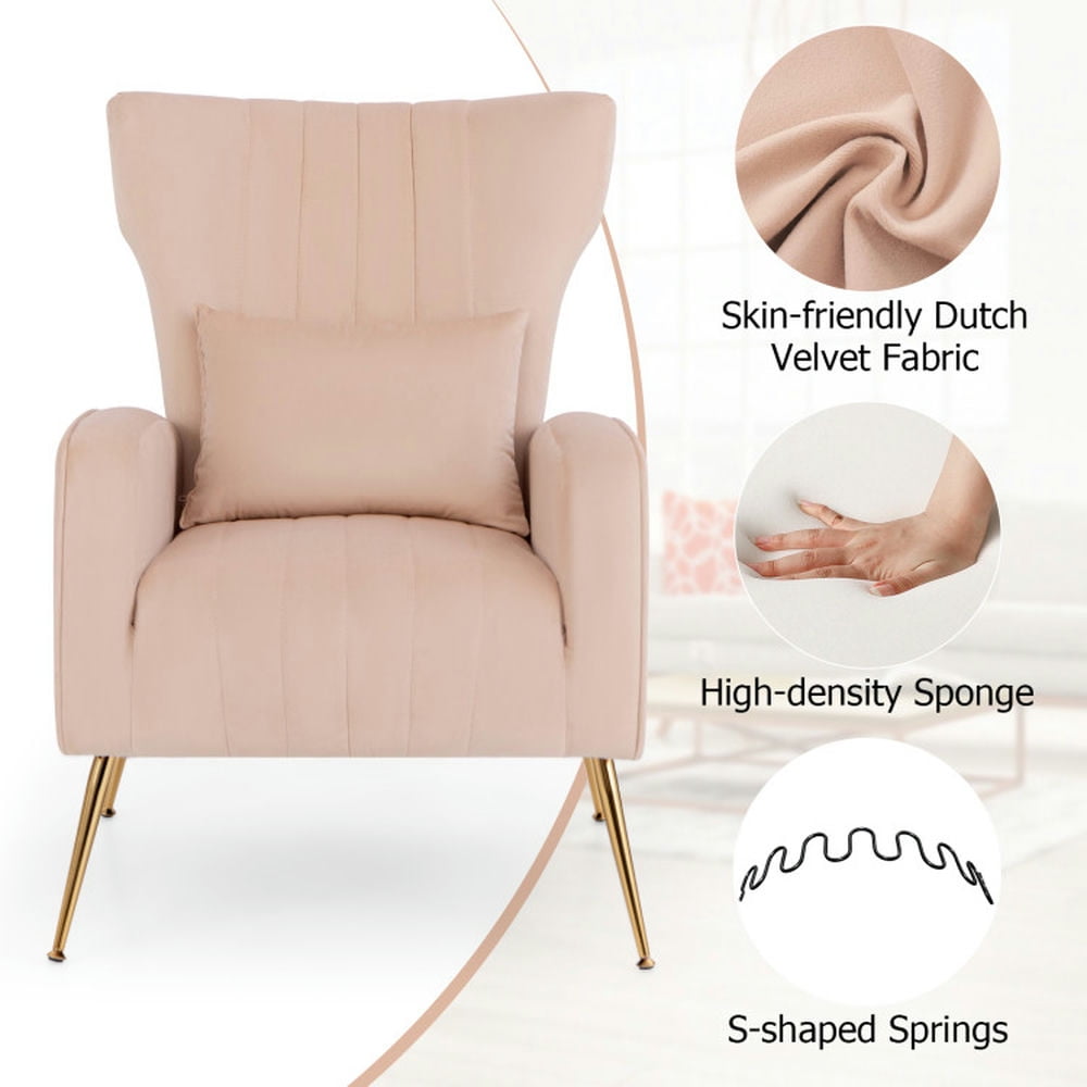 Finihen Accent Chair, Wingback Accent Armchair, Modern Accent Chair, Velvet Upholstered Wingback Chair with Lumbar Pillow and Golden Metal Legs, for Living Room, Bedroom, Pink Finihen Accent Chair, Wingback Accent Armchair, Modern Accent Chair, Velvet Upholstered Wingback Chair with Lumbar Pillow and Golden Metal Legs, for Living Room, Bedroom, Pink