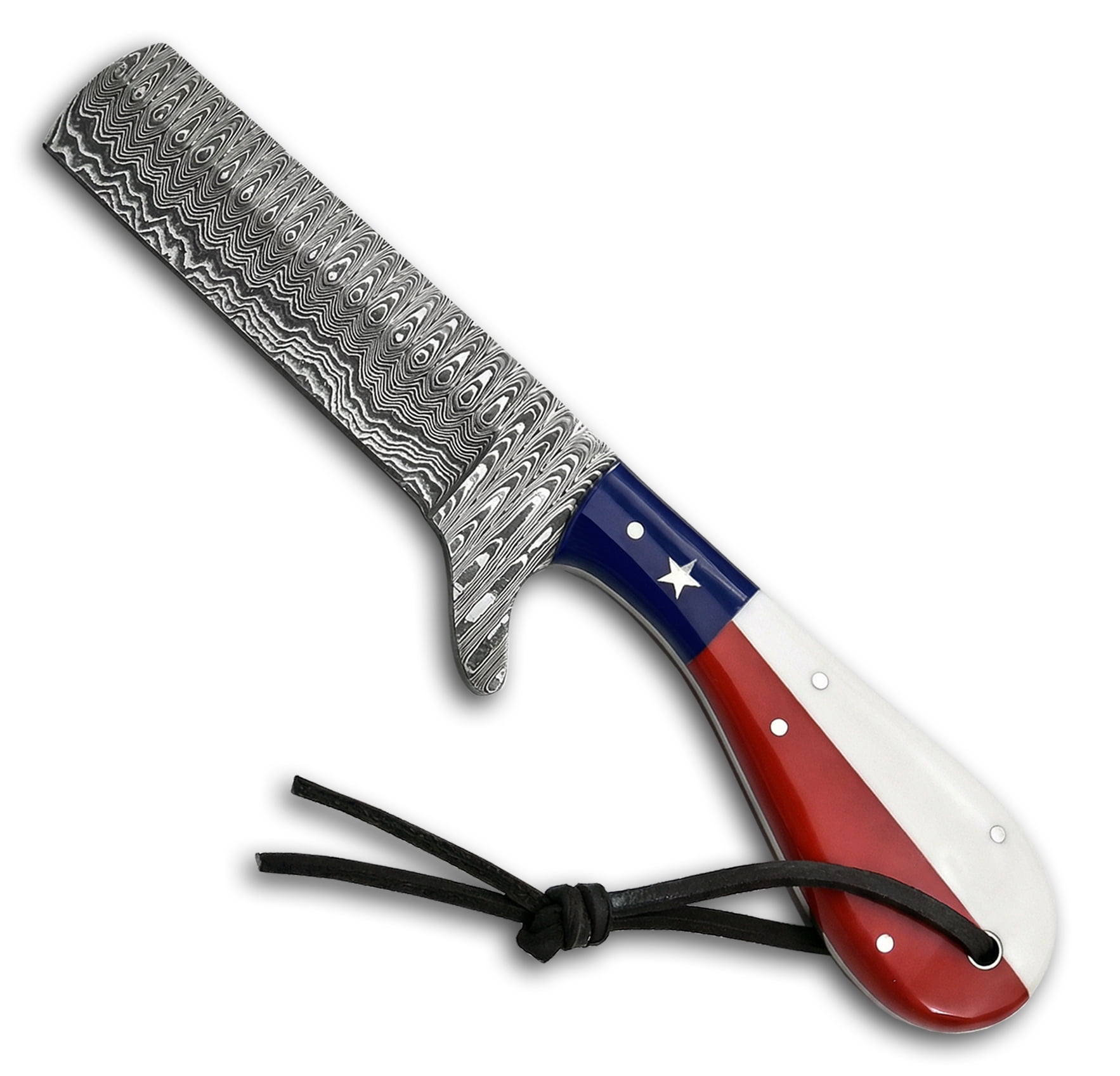 Hercules Knives Damascus Steel Bull Cutter Knife, Hunting, Camping, Bushcraft Knife with Leather Sheath ,Texas Flag Resin Handle