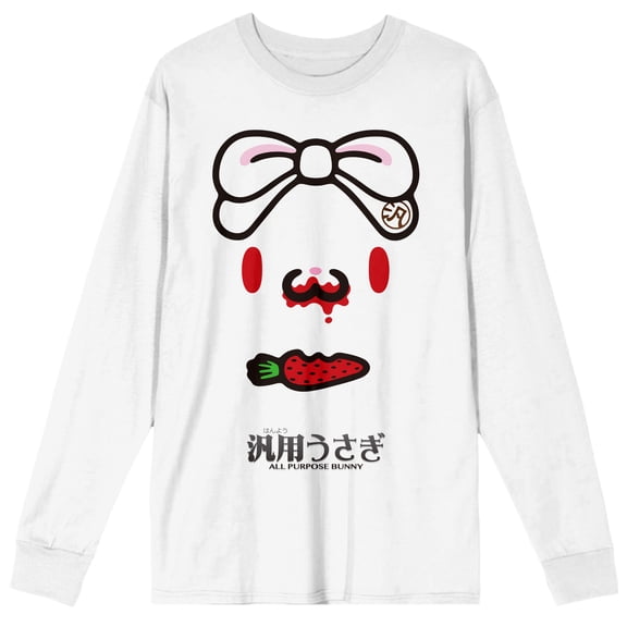 All Purpose Bunny Face Eating Strawberry-Carrot Crew Neck Long Sleeve White Adult Tee-XL