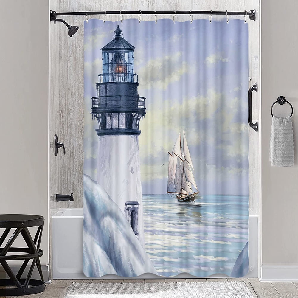 Coastal Lighthouse Shower Curtain, Bluish Violet Ocean Shower Curtain