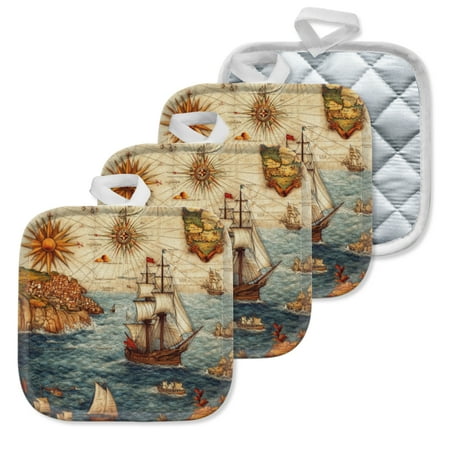 

4Pcs Pot Holder for Kitchen Nautical Map Illustration In Ancient Style Composition Square Heat Resistant Hotpads 8x8in Non Slip Dirt-Proof Kitchen Cook Oven Potholders Machine Washable
