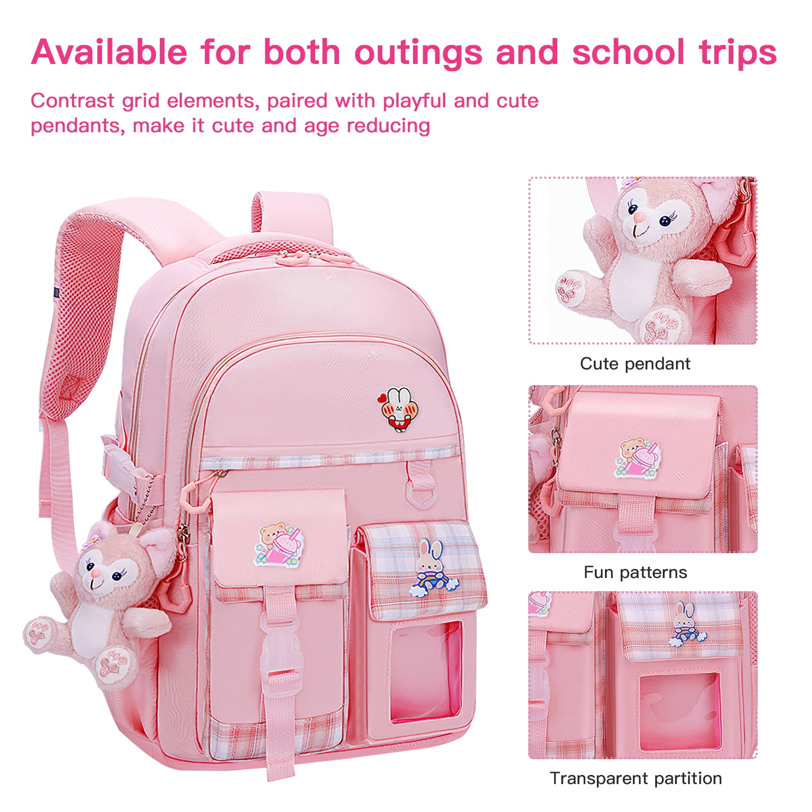 Kadyn Travel Backpacks, Cute Bookbag for Teen, Multifunctional School Durable Schoolbag with Lina Bell, 3 Decorative Cards and Lunch Bag, Pink