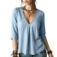 thumbnail image 3 of Vivianyo HD Women's V Neck Pleated Front Blouse, Curved Hem Cuffed Three Quarter Sleeve Shirt for Women, Spring Fall Loose Flowy Top for Office Casual and Weekend Brunch, Sizes S-2XL, 3 of 8