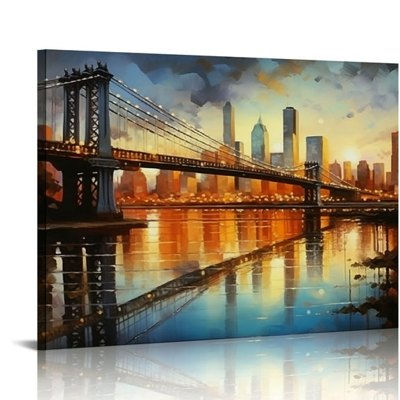 JRXY Canvas Wall Art for Bedroom Abstract Cityscape Canvas Painting Brooklyn Bridge Wall Art Modern New York City Abstract Canvas Painting Framed Colorful NYC Skyline Picture for Home Decor 20x16in