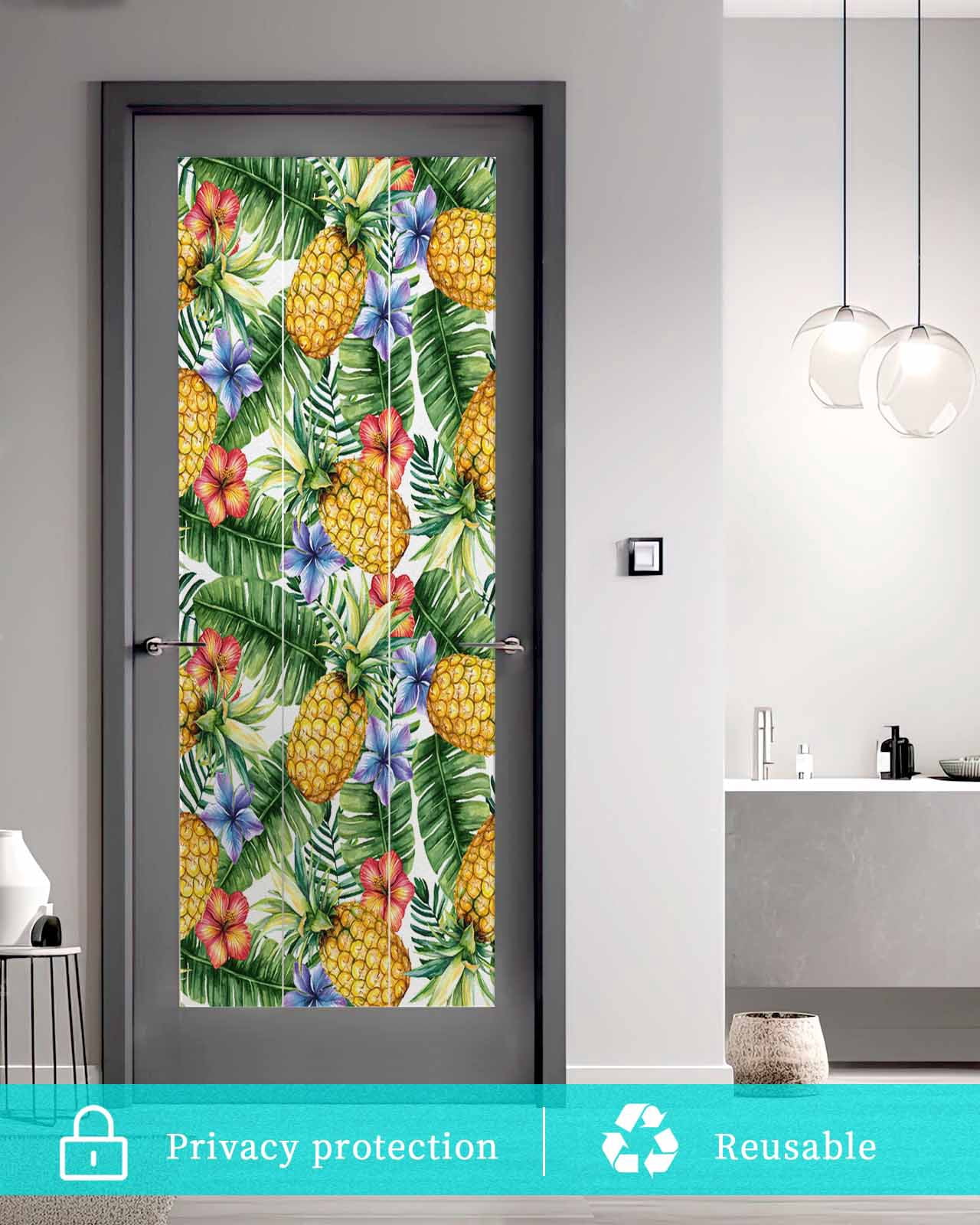 Window Privacy Film Pineapple Stained Glass Window Film Decorative Sun Block Window Cover Yellow Tropical Fruit Palm Leaf Floral Summer Window Clings Static Adhesive Sticker for Bathroom 35.4"x78.7"