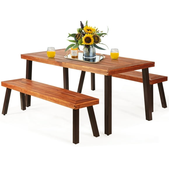 Patiojoy 3-Piece Outdoor Acacia Wood Picnic Dining Table and Stool Set with Umbrella Hole