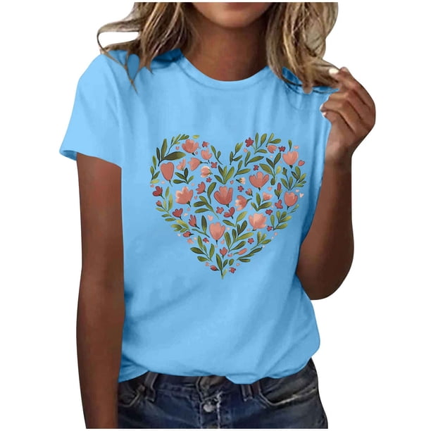Primavera Top Mujeres de Moda de Cuello Redondo con Patrones de Corazón de Manga Corta Camiseta Top para Uso Diario Y de Fiesta