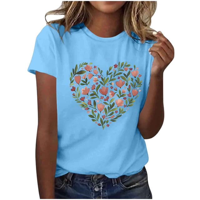 Primavera Top Mujeres de Moda de Cuello Redondo con Patrones de Corazón de Manga Corta Camiseta Top para Uso Diario Y de Fiesta