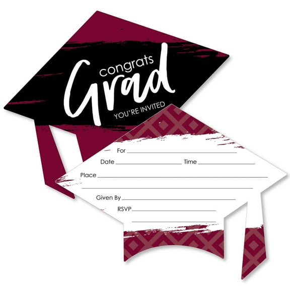 Big Dot of Happiness Maroon Graduation Party Invitations - Shaped Fill-In Invite Cards with Envelopes - Set of 12