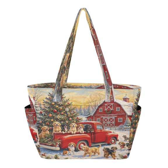 Quilted Tote Bag Large Capacity Multi-Compartment Handbag Christmas Truck Dogs Lightweight Structured Shoulder Bag Versatile Casual Bag