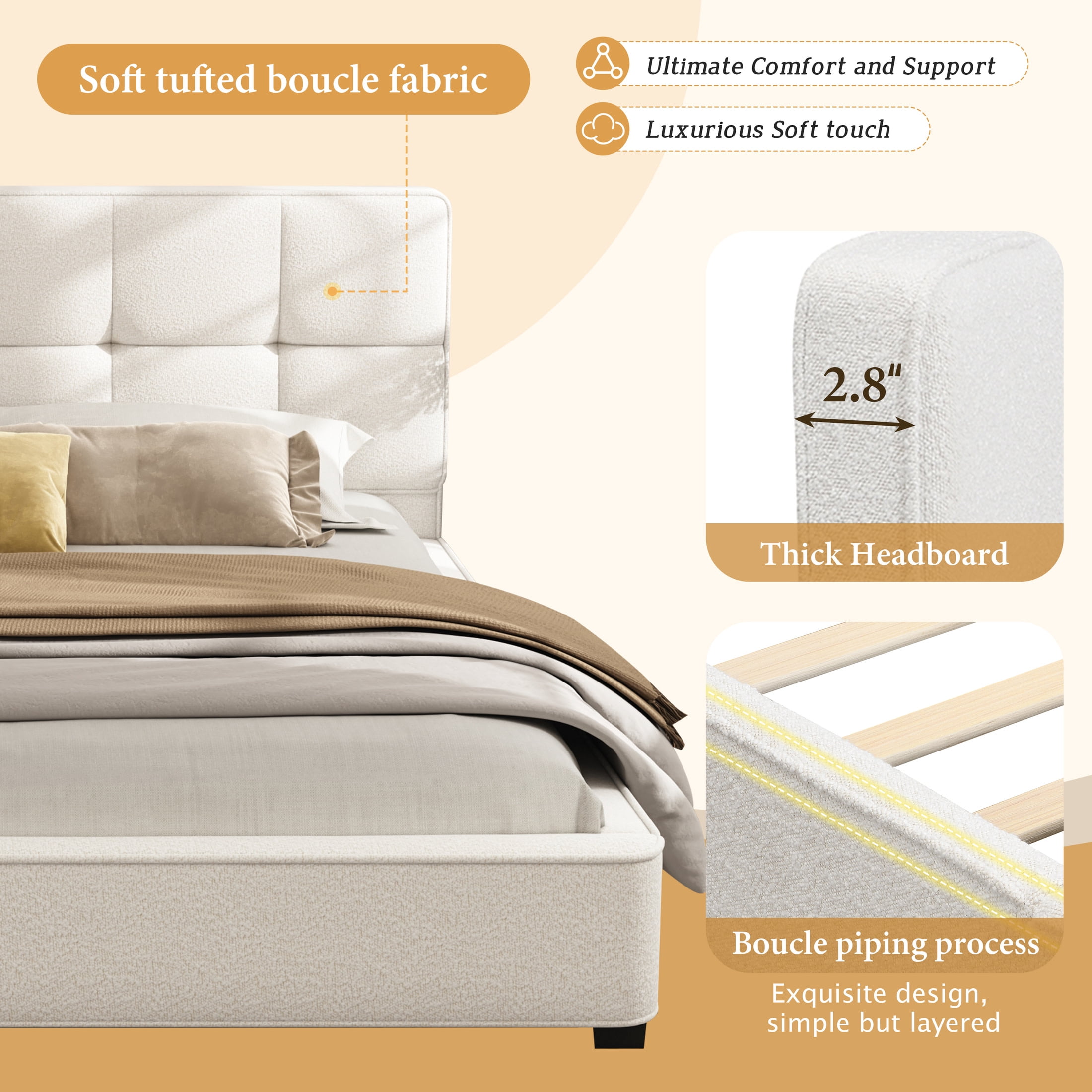 Christopher Knight Home 85.8" King Size Bed Frame with Curved Tufted Headboard, Beige Boucle Upholstery