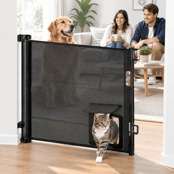 Retractable Gates With Door 55" Wide Dog Gate Pet Outdoor For Dogs Cat Doorways