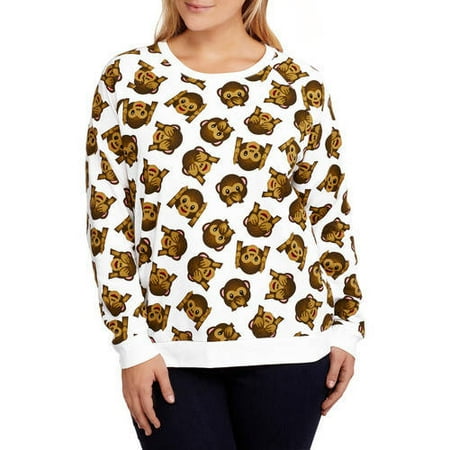 Monkey Emoji Juniors' Plus Fleece Crewneck All Over Print Pullover Sweatshirt