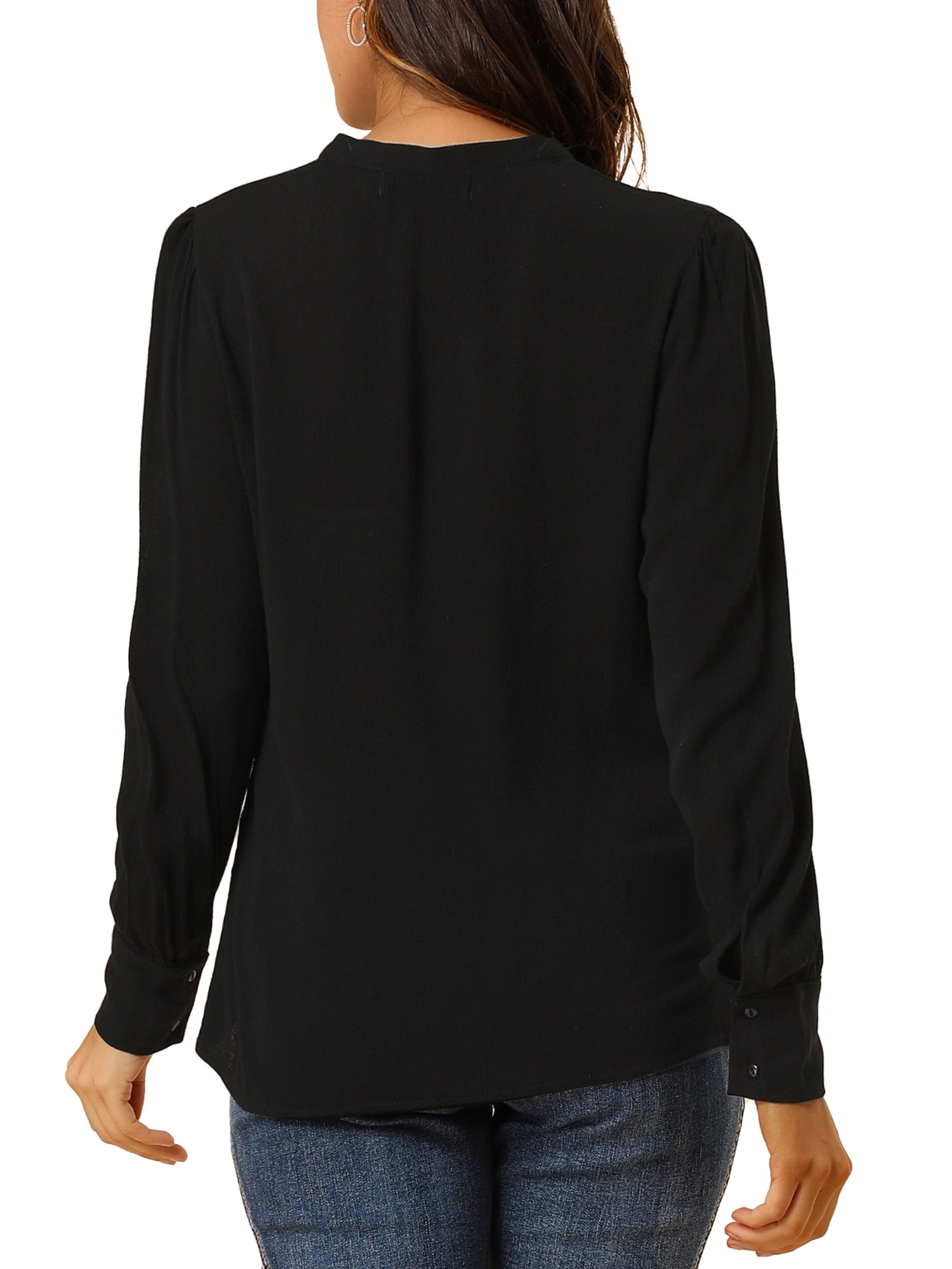 Unique Bargains Women's Bow Tie Neck Elegant Long Sleeve Solid Work Blouse XL Black