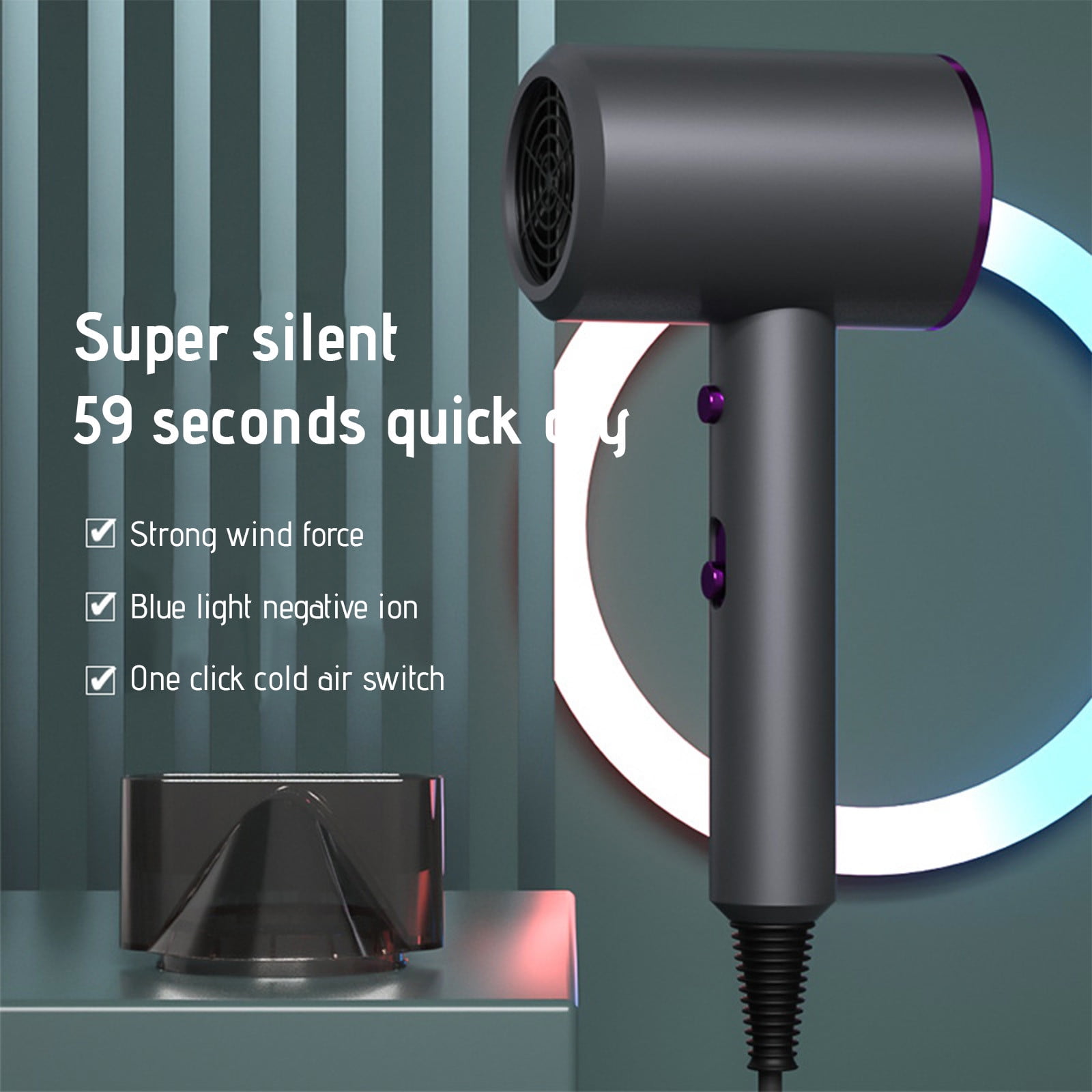 Negative Ion Hair Dryer, Compact Portable Blow Dryer, Fast Drying Hair Styling Tool, Quiet Operation with Diffuser, Home and Travel Use