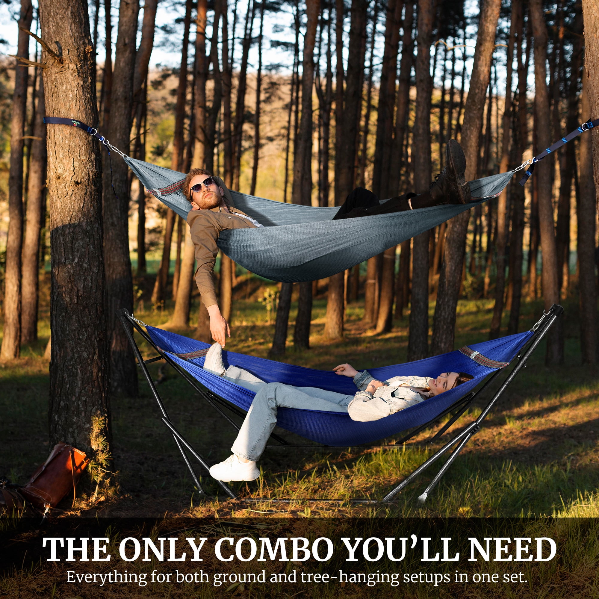 Tranquillo 600lb Capacity 2 Persons 2 Hammocks Included/Foldable Portable Hammocks with Stand, Tree Straps, Carry Bags for Garden Camping, Blue