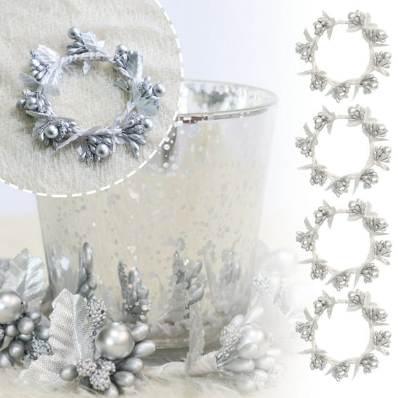 4 Pillar Candle Rings Wreaths Candle Wreath Artificial Mistletoe Wreaths With Pearl Accents Mini Floral Wreath Front Door Wreaths For Halloween Thanksgiving Christmas Decoration(Silver)#1017