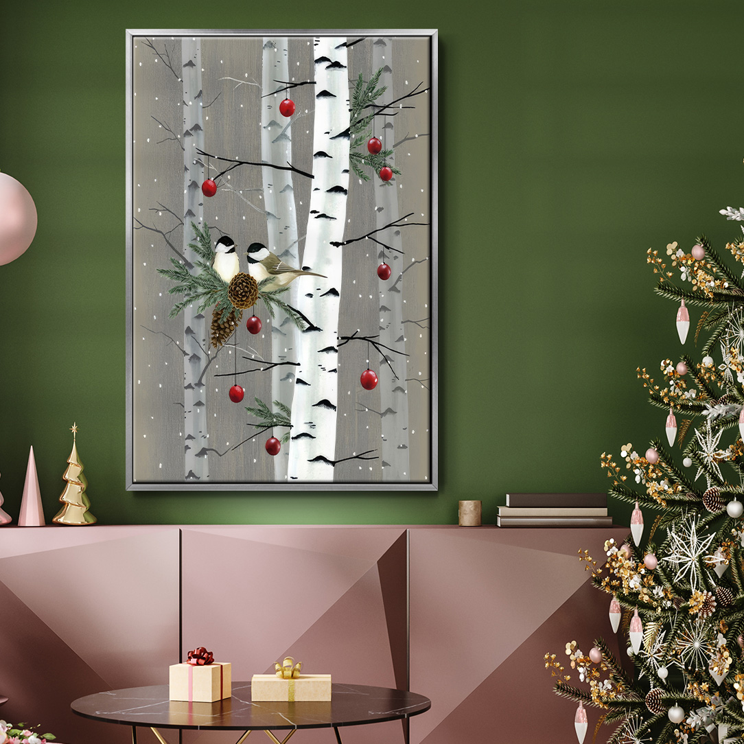 Birch Birds II - Framed Gallery Wrapped Holiday Canvas - 17 x 25 - Silver Frame