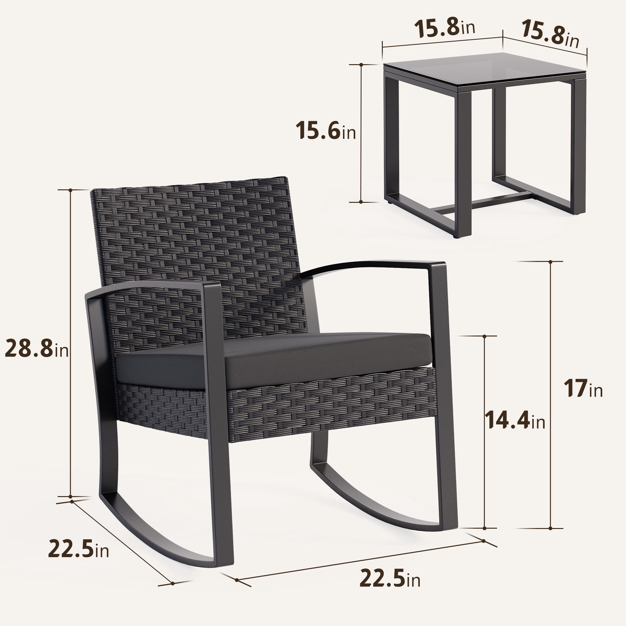 Patio Furniture Set, Asofer Rocking Wicker Chair with Soft Cushion and Coffee Table, for Garden, Balcony, Backyard, Black