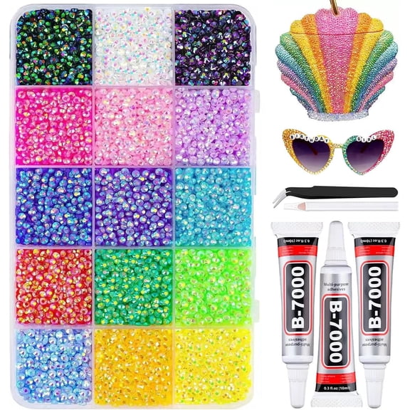 32000pcs Colorful DIY Resin Rhinestone Kit, 3mm Jelly Flatback Gems with B7000 Glue & Tools for Bedazzling Clothing, Shoes, Nail Art, Crafts