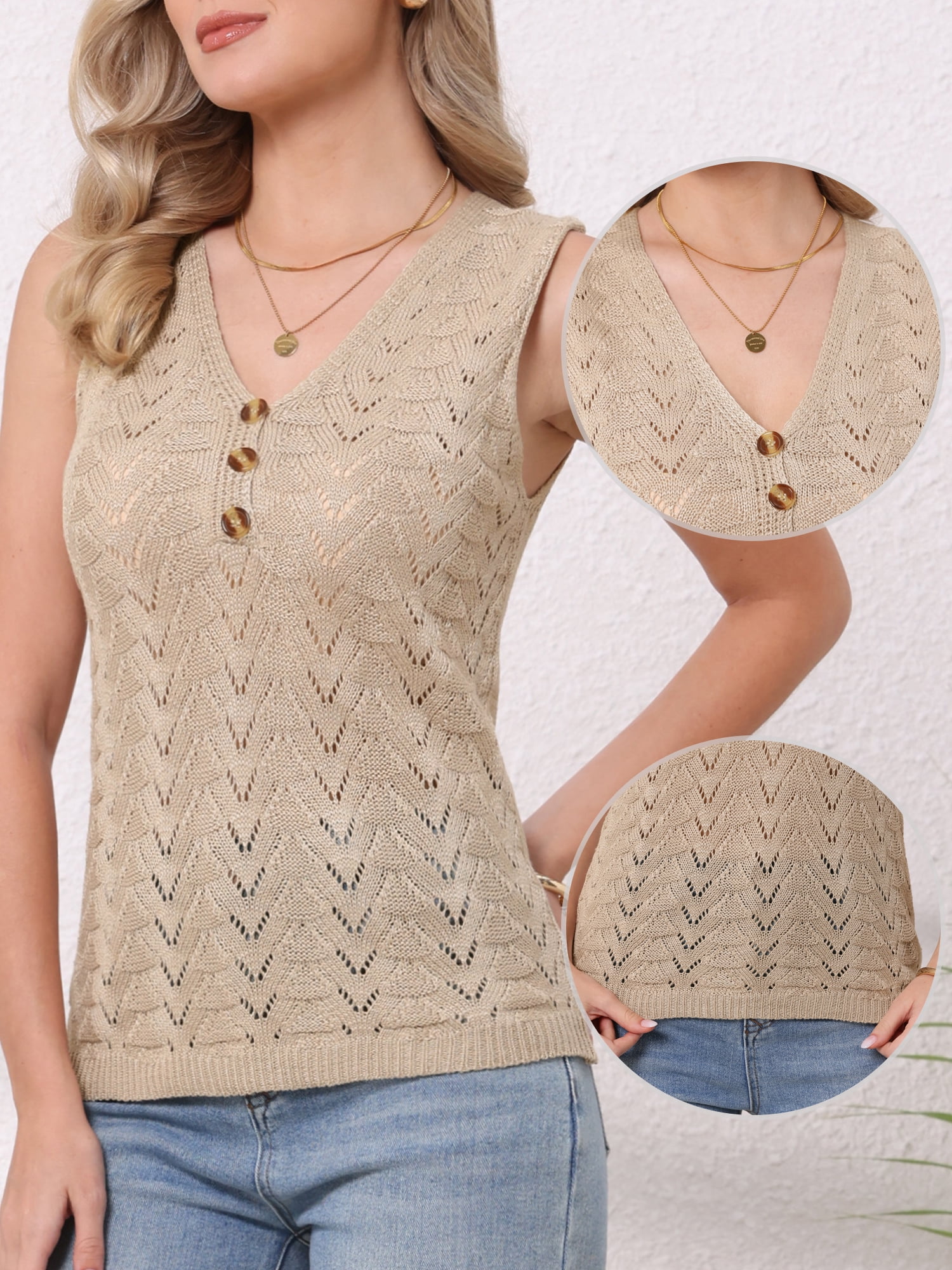 DARING DIVA Women's Crochet Eyelet Blouse Knit Tank Tops Sleeveless Pullover XL Khaki