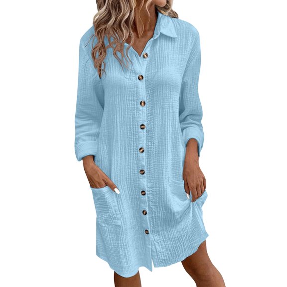 Patlollav Dress Womens Solid Color Long Sleeve Lapel Button Double Pockets Casual Loose Lapel Dresses