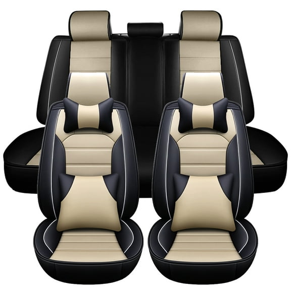Maidao Car Seat Covers Full Set with Waterproof Leather,Airbag Compatible Automotive Vehicle Cushion Cover Universal fit for Most Cars Black Beige