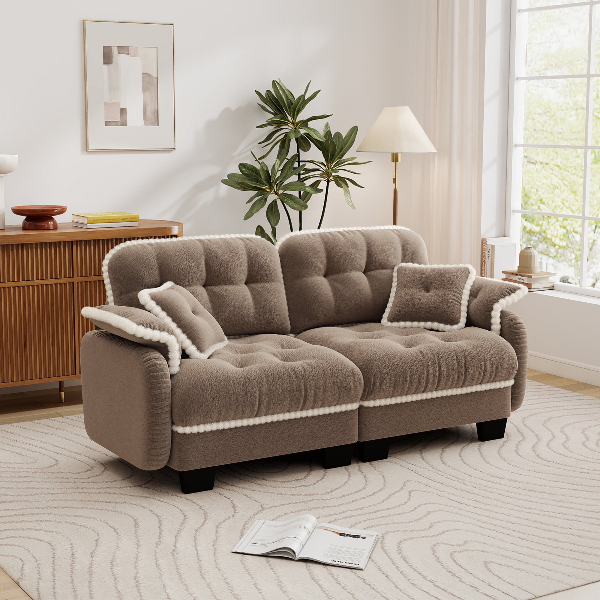 Aenkyo 70" Chenille Modular Loveseat with 23.8" Deep Seat and Pom-Pom Trim, Camel