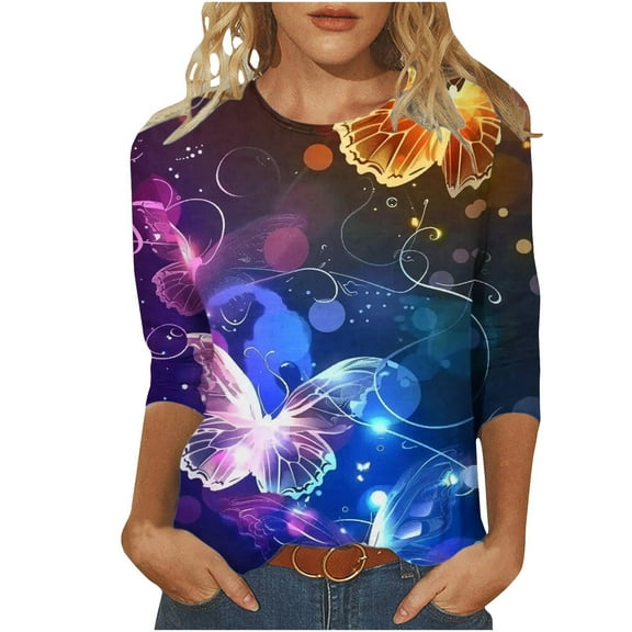 SHE IS Womens 3/4 Sleeve Tops, Womens Long Sleeve T Shirts V Neck Graphic Fall Long Sleeve Tops for Women Collared Pullover Shirts for Women Graphic Tees for Women Vintage