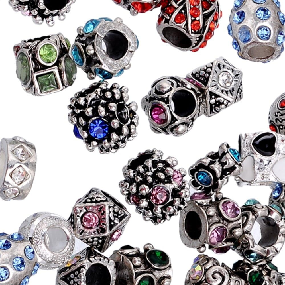 200Pcs Mix Assorted Crystal Silver Color Metal Charm Beads Jewelry Making