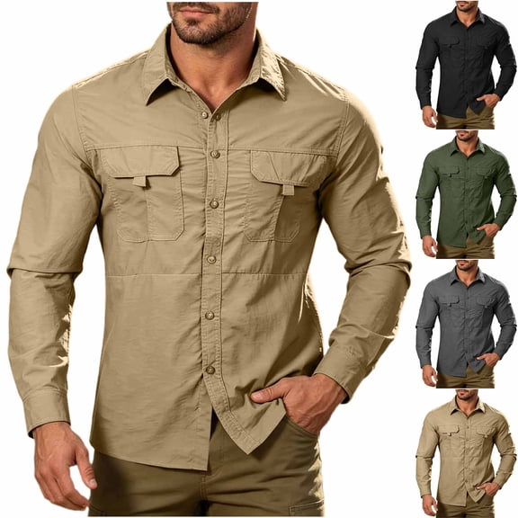 Mens Safari Shirts Long Sleeve UV Protection Hiking Fishing Quick Dry Cooling Camping Travel Shirts Khaki XL(XL)