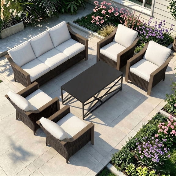 Gardenbee 6 Pieces Wicker Patio Furniture Set Outdoor Conversation Sets Steel Armrest with 3-Seat Sofa,Chairs and Coffee Table for Garden,Backyard,Patios,Beige