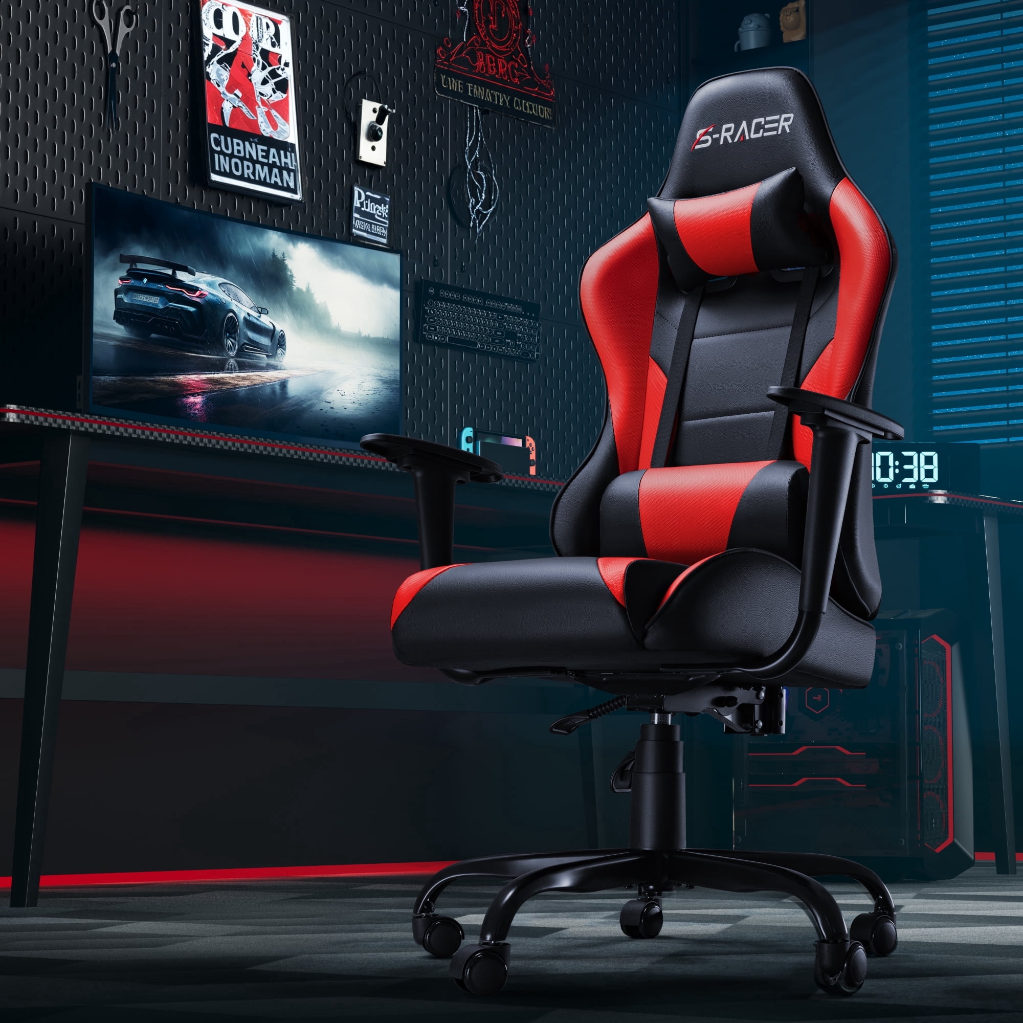 Homall Gaming Chair Office Chair High Back Racing Computer Chair PU Leather Adjustable Seat Height Swivel Chair Ergonomic Executive Chair with Headrest, Red