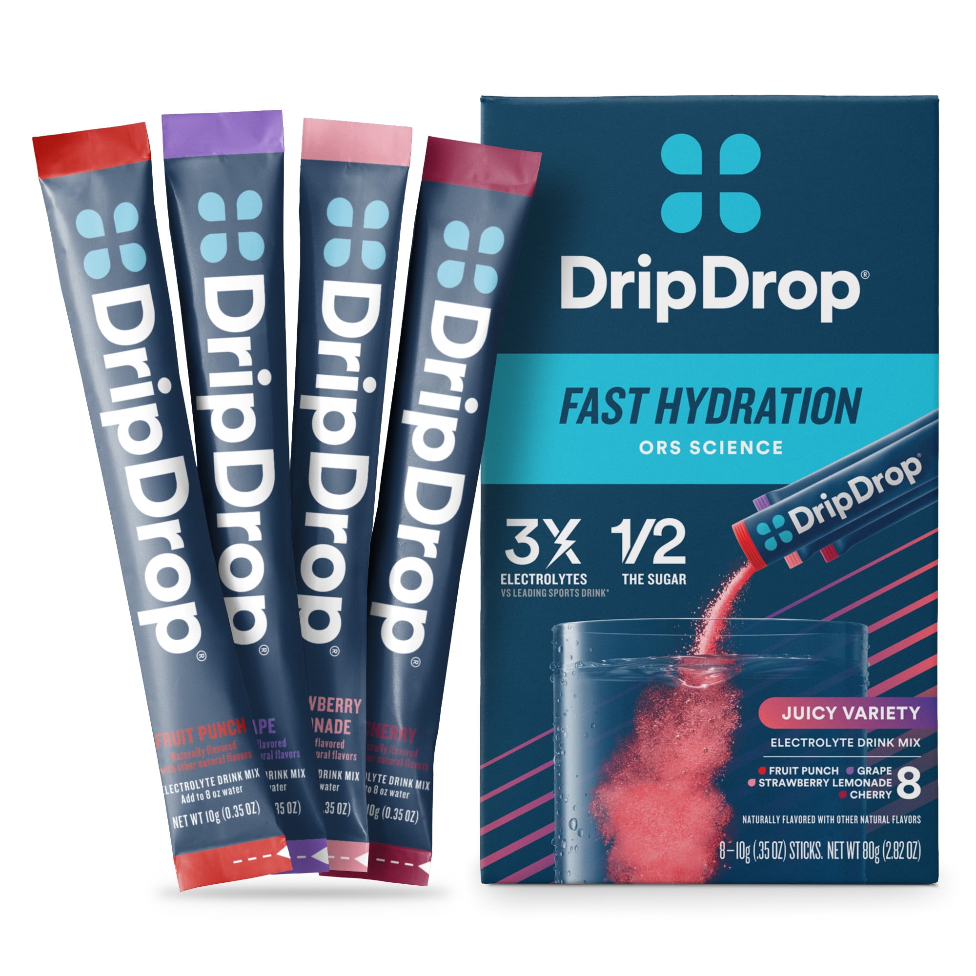 (8 pack) DripDrop Electrolyte Powder Drink Mix for Fast Hydration, Juicy Variety, 0.35 oz, 8 Count Packets