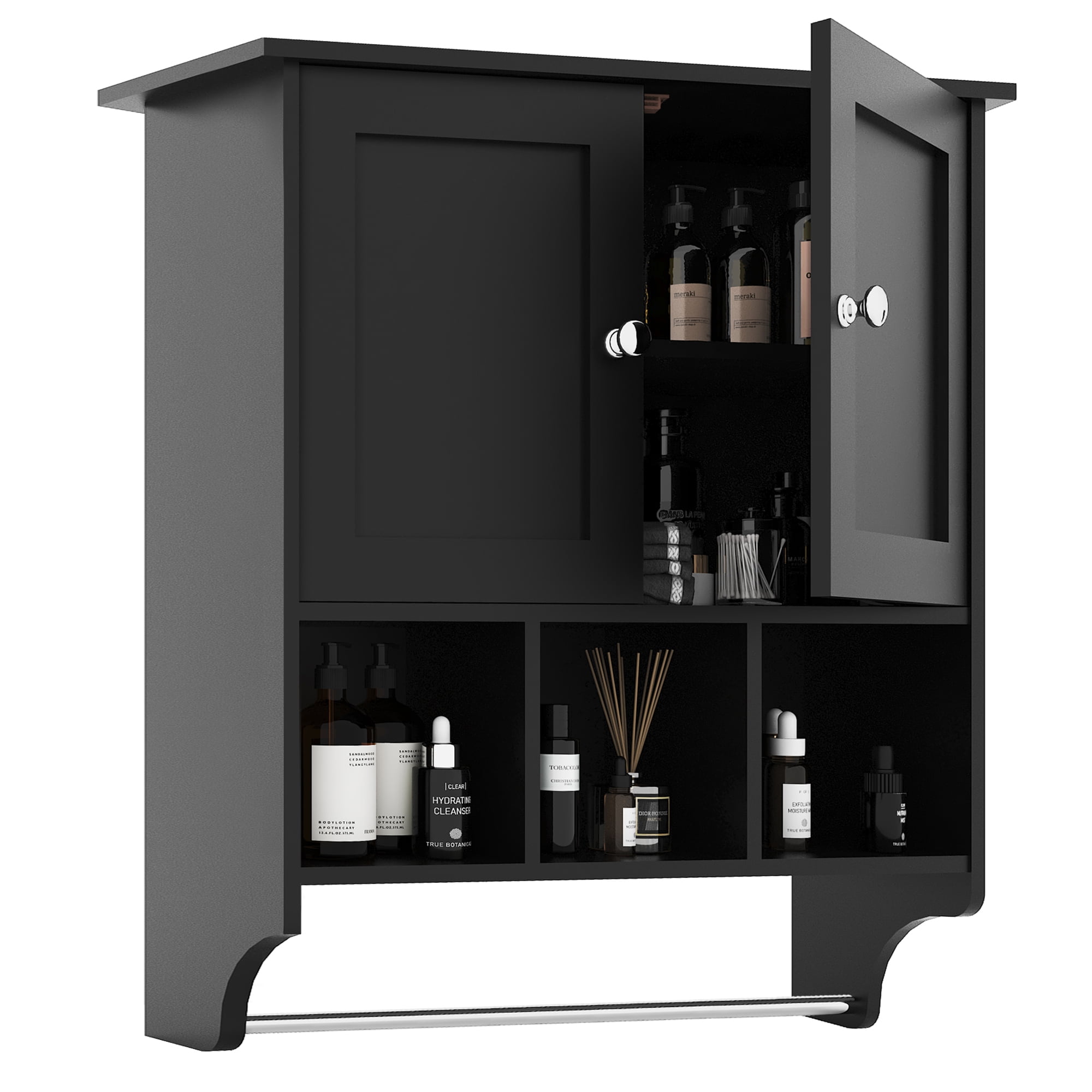 Vastcury 27.5" Bathroom Wall Cabinet, Over the Toilet Storage Medicine Cabinet with 2 Door Cupboard, Adjustable Shelf and Towels Bar, Black