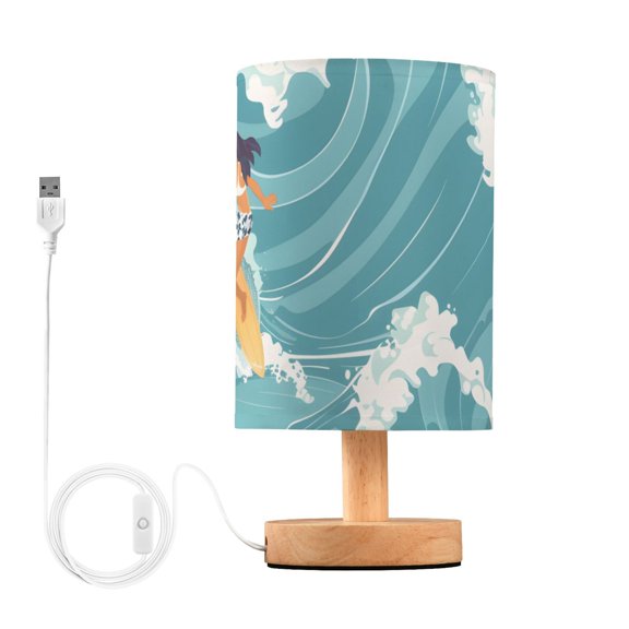 Girls Surfing on Waves in Ocean Table Lamp with USB Port LED Warm Light Lamp Night Light Home Decor