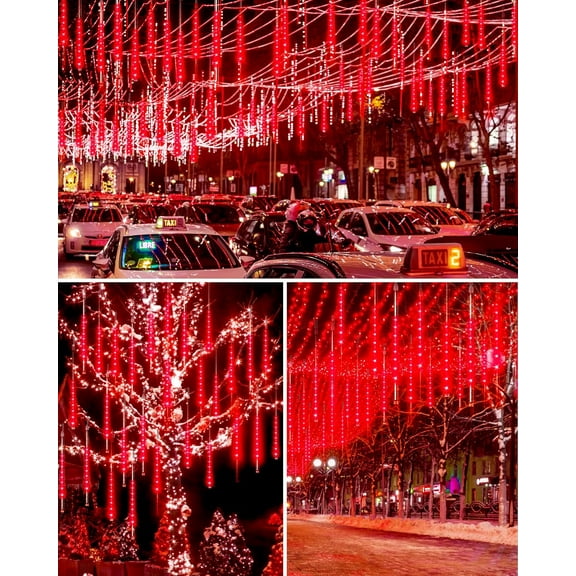 THESG-Meteor Shower Lights Outdoor 10 Tubes 16 Inch 360 LED Christmas Waterproof Falling Rain Plug-in Dripping Icicle for Tree Porch Roof Yard Xmas Halloween Decoration, Red