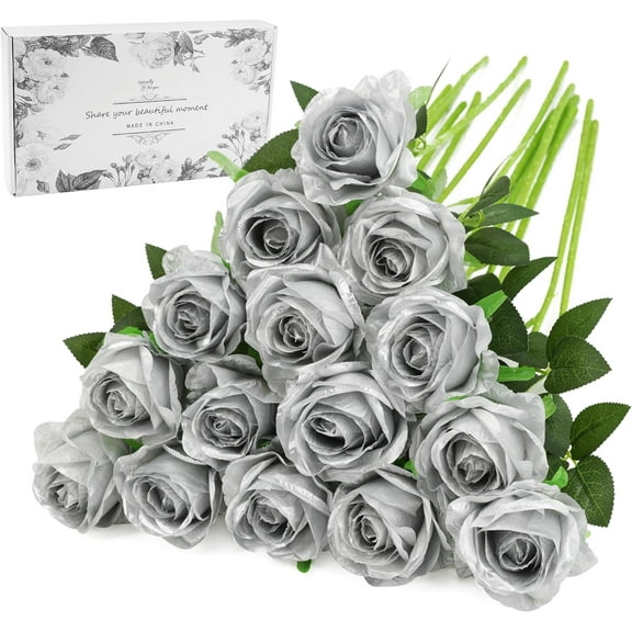 Silver Fake Roses Artificial Flowers - Fake Artificial Roses Silk Flowers with Stems for Home Wedding Hotel Office Centerpiece Decor