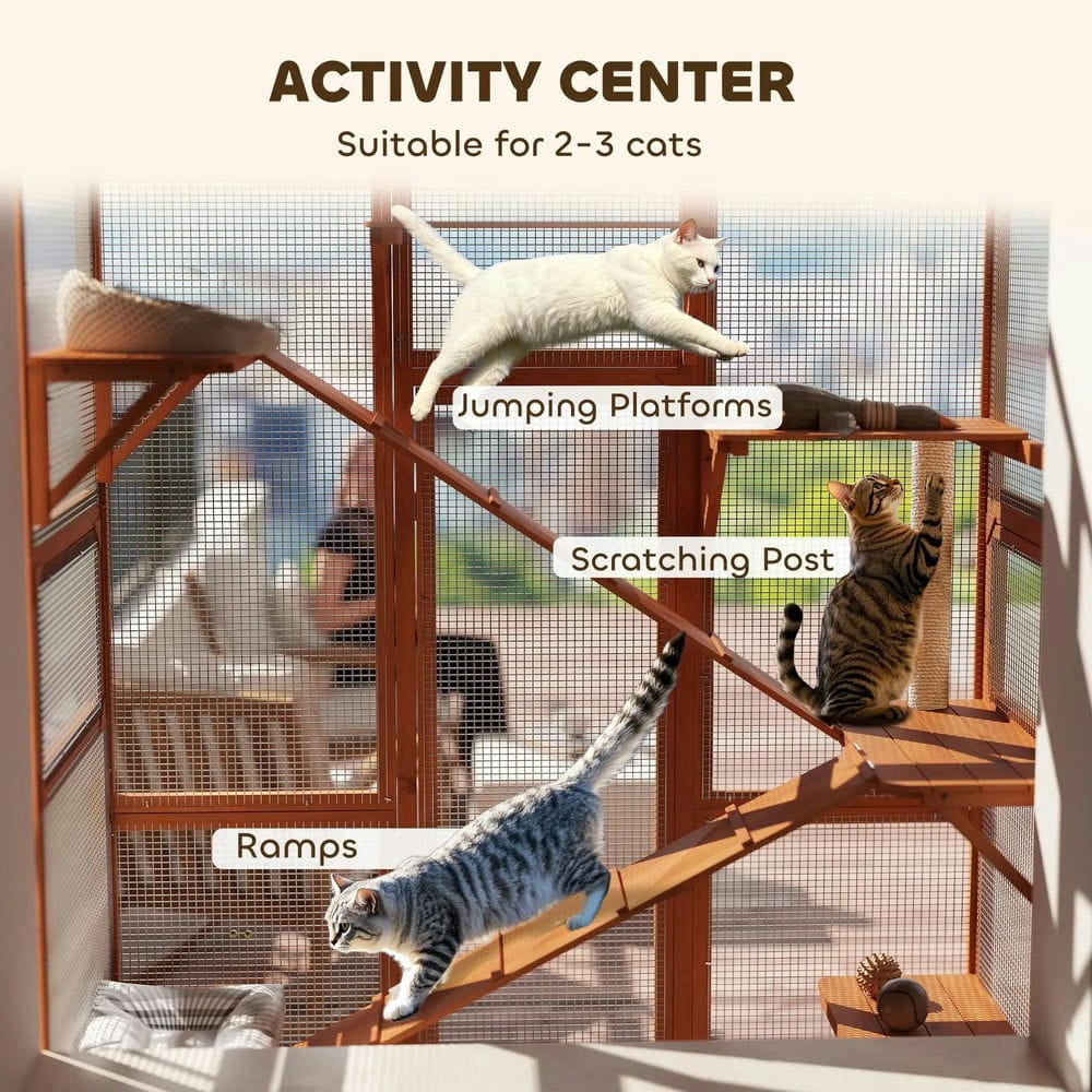 Topcobe Outdoor Catio Cat Enclosure, Large Wooden Cat House with 6 Jumping Platforms, Scratching Post, 2 Ramps, for 2-3 Kittens, Outdoor Wooden Feral Cat Shelter