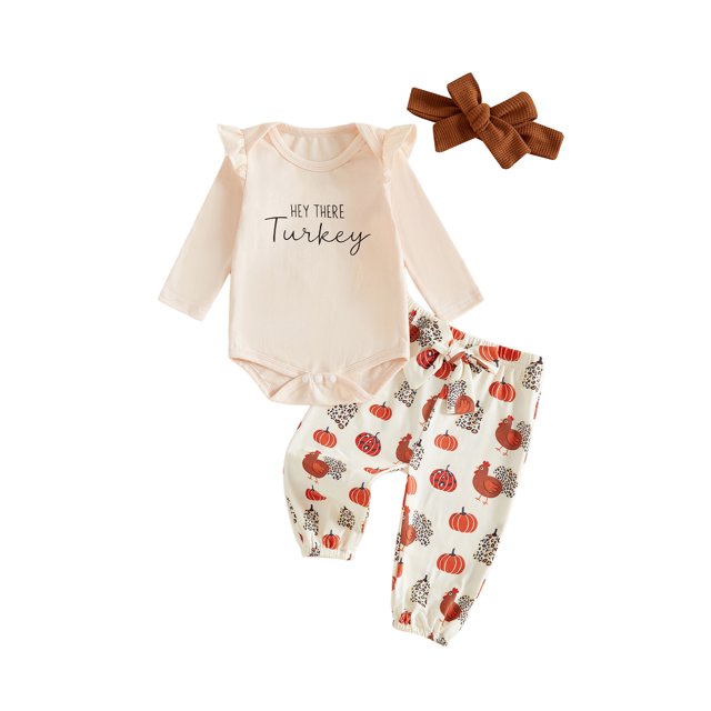 Conjunto de Acción de Gracias para bebé niña: pelele de manga larga, pantalones de pavo y diadema.